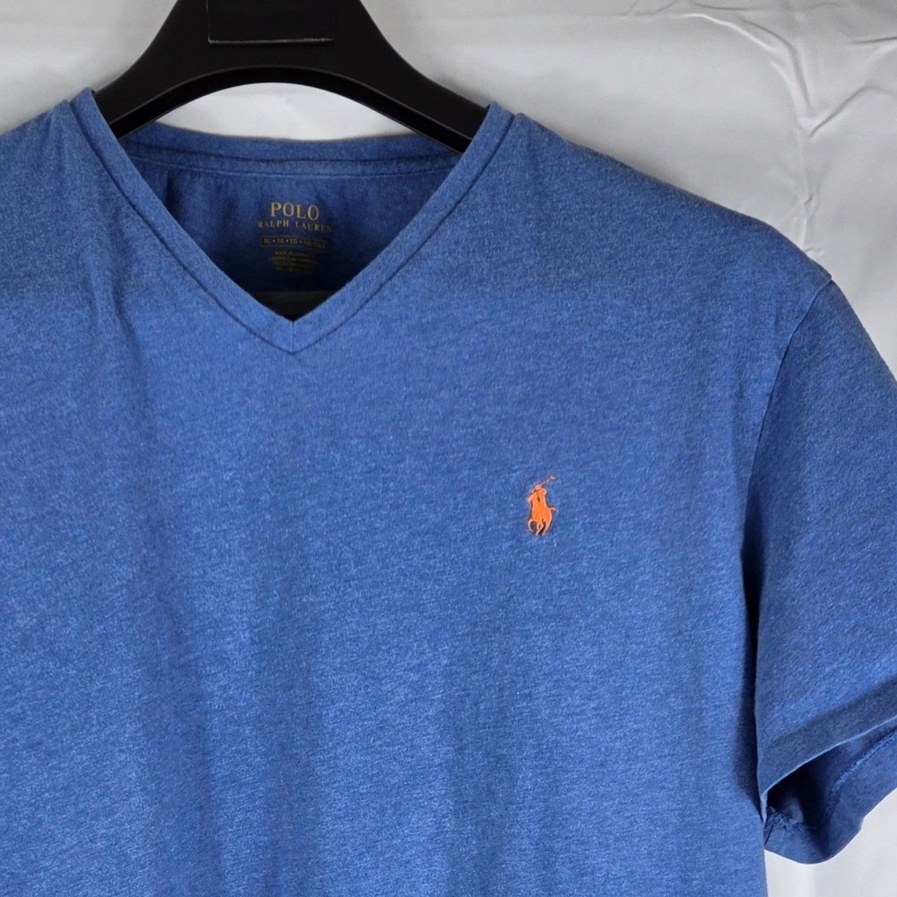 Polo Ralph Lauren Mens XL V-Neck Shirt Blue Heather Orange Pony Short Sleeve